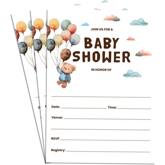 100 Pack Bear Hang Ballon Baby Shower Invitation Card Single Sided Neutral Blank Fill In Invites 5x7"