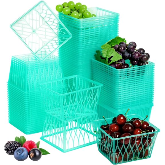 100 Pack Berry Baskets, Pint Size Plastic Strawberry Boxes with Open Weave Pattern for Fruit Vegetable, Small Produce Vented Container Kitchen Supplies for Farmer, Market, Grocery