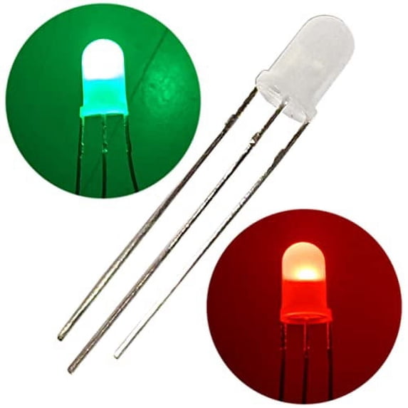 100 Pack Bi-Color Red / Green Diffused LED, 3-Pin, 5mm Wide x 9mm Tall ...