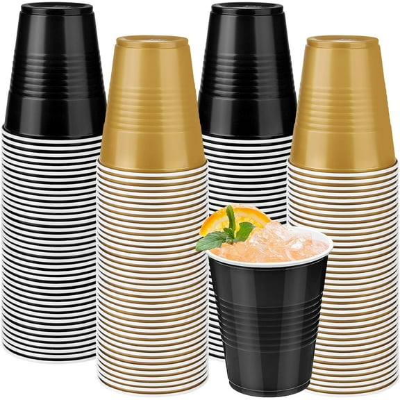 100 Pack Black Gold Disposable Plastic Cups 12 Ounce Drinking Party Cups Bulk Party Cups for Wedding Birthday Graduation Christmas Parties, Picnics Events