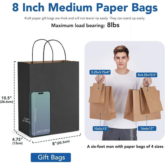 100 Pack Black Paper Gift Bags with Handles, 8x4.25x10 Inches, Sturdy & -Friendly for Events, Retail, Crafts