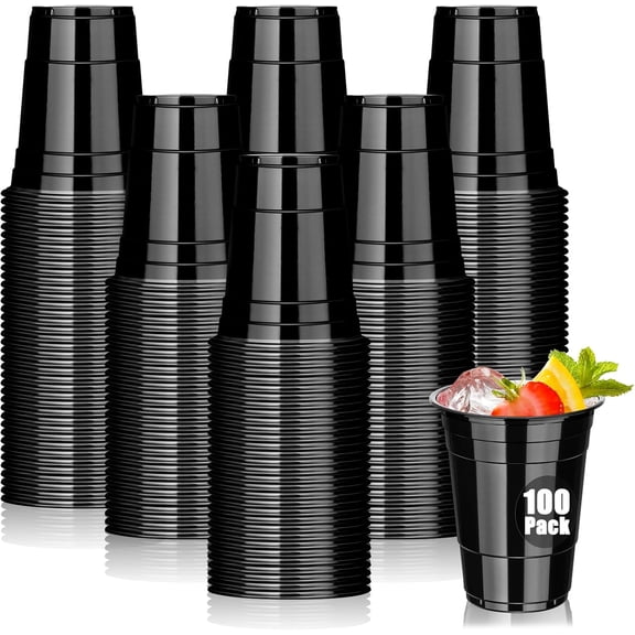 100 Pack Black Plastic Cups 16 oz Disposable for Party Heavy Duty Drinking Halloween Cup Wedding Birthday Beer Taste Serving Snack Sample Tastings Barbecues Picnic