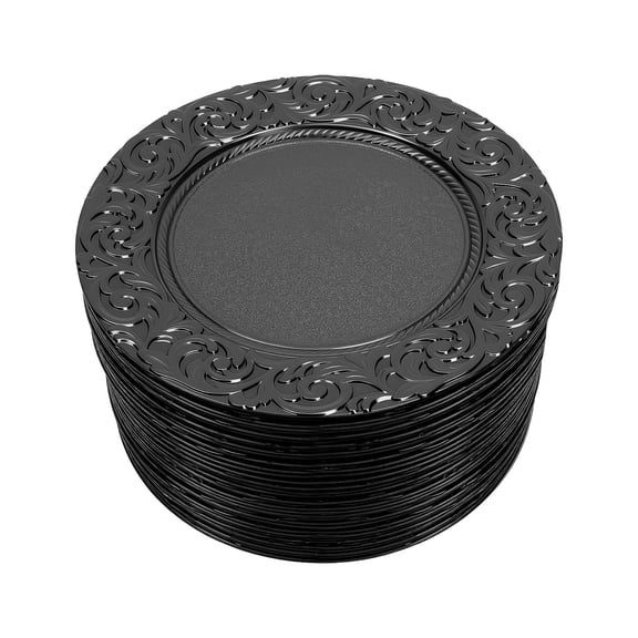 100 Pack Black Round Charger Plates, 13 Inch Antique Charger Plate Set Plastic Embossed Dinnerfor Wedding, Banquet, Hotel & Party Table Decor