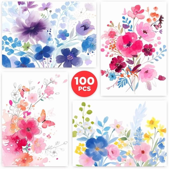 100 Pack Blank Cards and Envelopes, 3.5 x 5 Inch Watercolor Flowers Blank Greeting Cards, Note Cards Blank Inside, Blank Cards for All Occasions Bulk