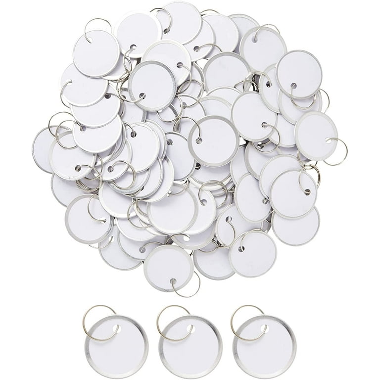 100-Pack Blank White Paper Metal Split 1-Inch Ring Key Labels, Round Tags  with Metal Rims for Labeling Car or Household Keys, Luggage, Garage Sales