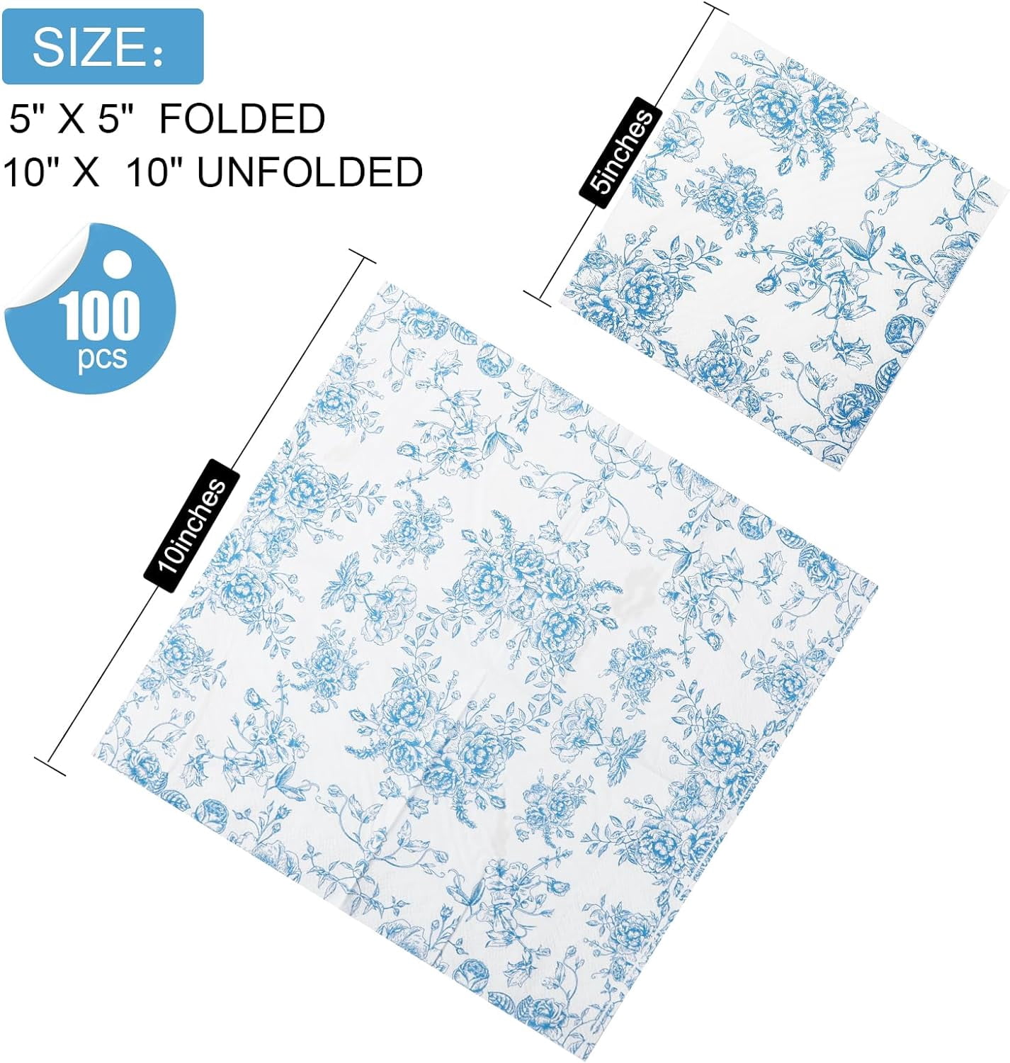 100 Pack Blue Floral Cocktail Napkins, Guest Hand Towels Disposable for Bathroom, Blue Floral Paper Napkins for Bridal and Baby Shower, Tea Party, Garden Party, Birthday Party