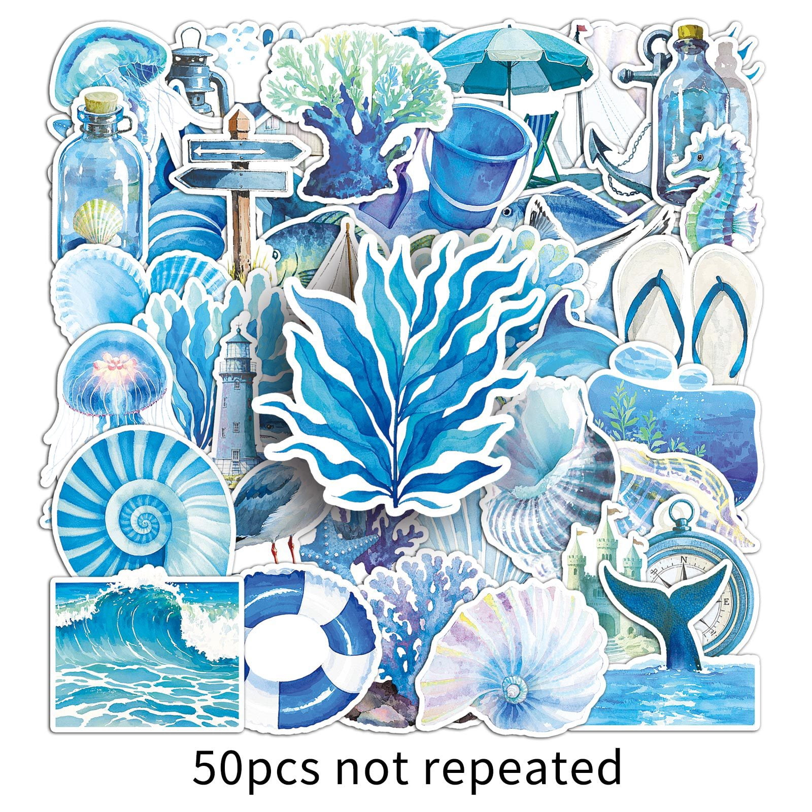 100-Pack Blue Ocean Stickers, Watercolor Sea Aesthetic Cute Doodle ...