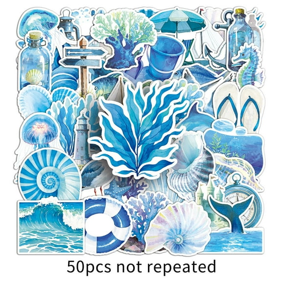 100-Pack Blue Ocean Stickers, Watercolor Sea Aesthetic Cute Doodle Vinyl Decals for Water Bottle, Phone, Laptop, Journal, Skateboard & Luggage  Key Features