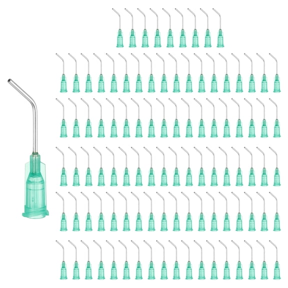 100 Pack Blunt Tip Dispensing Needles, 18Ga Gauge Stainless Steel 45 Degrees Bent Dispensing Tips with Luer Lock 1" End Angled Blunt Dispenser Needle, Green