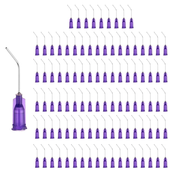 100 Pack Blunt Tip Dispensing Needles, 21Ga Gauge Stainless Steel 45 Degrees Bent Dispensing Tips with Luer Lock 1" End Angled Blunt Dispenser Needle, Purple