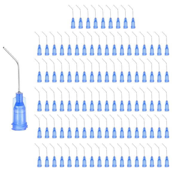 100 Pack Blunt Tip Dispensing Needles, 22Ga Gauge Stainless Steel 45 Degrees Bent Dispensing Tips with Luer Lock 1" End Angled Blunt Dispenser Needle, Blue