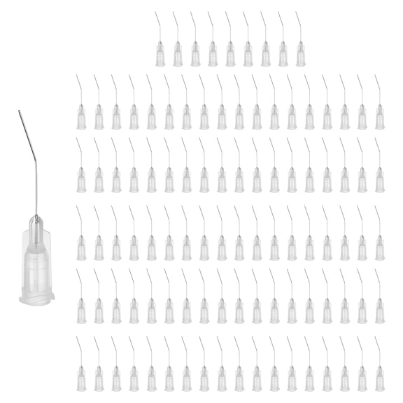 100 Pack Blunt Tip Dispensing Needles, 27Ga Gauge Stainless Steel 45 Degrees Bent Dispensing Tips with Luer Lock 1" End Angled Blunt Dispenser Needle, Transparent