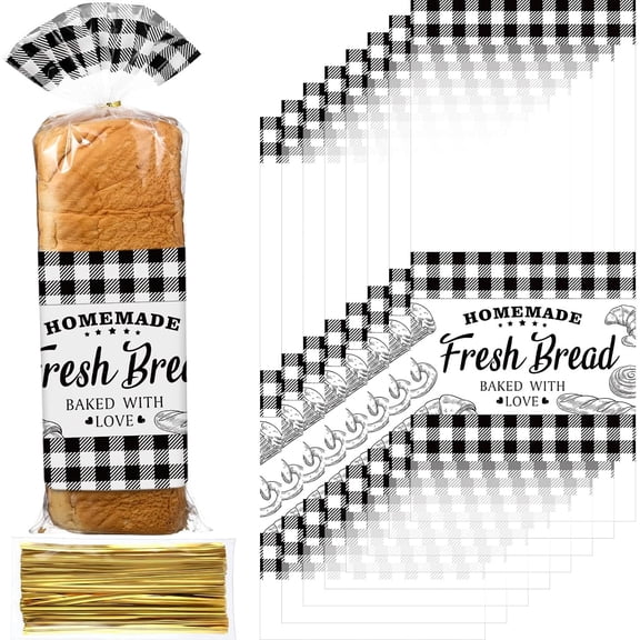 100 Pack Bread Bags for Homemade Bread with Twist Ties, Clear Plastic Bakery Bags with Black Buffalo Plaid Design for Sourdough, Cookies, Rolls, Home Bakers Gift Packaging