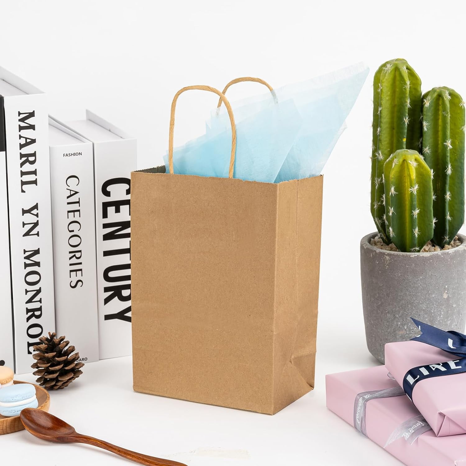 100 Pack Brown Kraft Gift Bags 5.8 x 3.2 x 8.25 Inch + Handles Included + Limited Time Deal + Durable Paper Bags for Party Favors, Retail, Takeout & Crafts