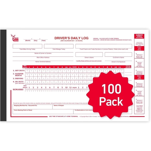 100 Pack Buck Driver Daily Log Book with 7 & 8 Day Recap - 2-Ply Carbonless, 5.5" x 8.5", 35 Sets of Forms Per Log Book, FMCSA Compliant Premium Log Book for Truck Drivers with Easy Tear-Out