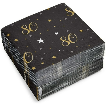 100 Pack Bulk Happy 80th Birthday Napkins for Party Decorations, 2-Ply, Black and Gold (6.5 x 6.5 In)