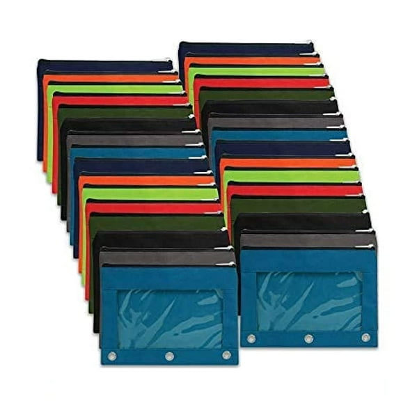 100 Pack of Bulk Wholesale 3 Ring Binder Clear Window Zippered Pencil Cases for Pens, Pencils, Markers, Scissors, Sharpeners, Erasers & More in 8 Assorted Colors
