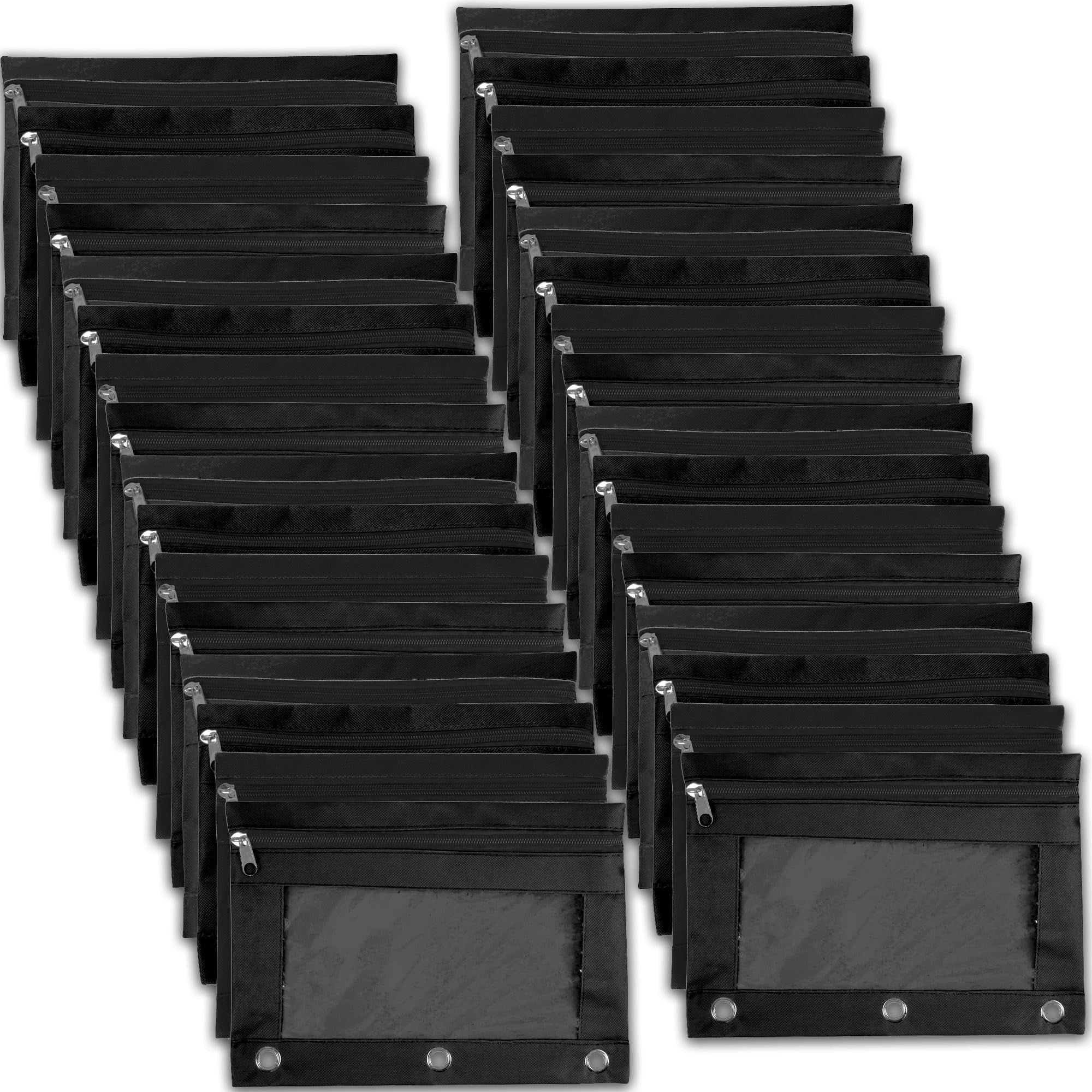 100 Pack of Bulk Wholesale 3 Ring Binder Clear Window Zippered Pencil Cases for Pens, Pencils, Markers, Scissors, Sharpeners, Erasers, Students and Classrooms in Black
