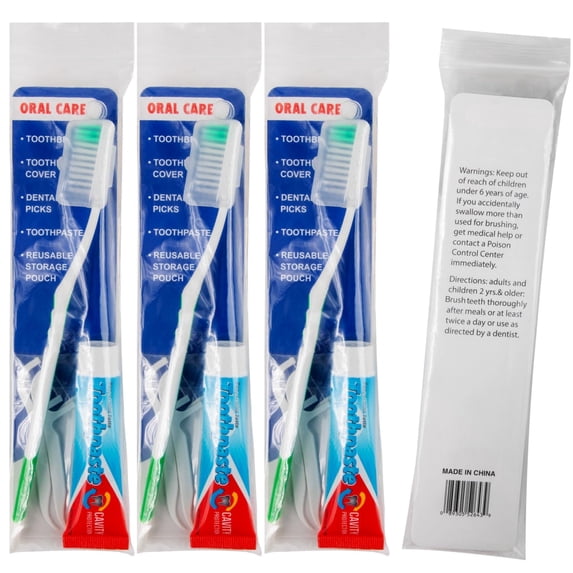 100 Pack of Bulk Wholesale 5 Piece Travel Size Oral Hygiene Dental Kits Containing Toothbrush, Toothpaste, Toothbrush Cover, Dental Floss Picks and Reusable Pouch Each for Homeless & Charity Donation