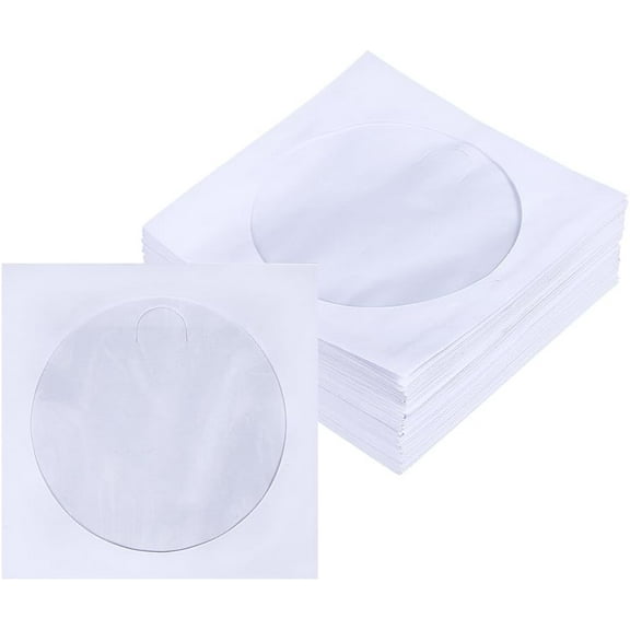100 Pack CD DVD Sleeves Envelope with Clear Window and Flap Reusable White Paper DVD Storage Sleeve Holder Compatible with Standard Size CD DVD