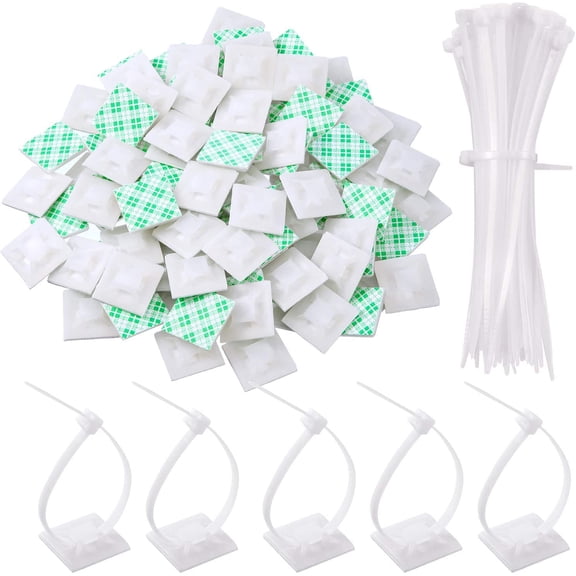 100 Pack Cable Tie Adhesive Mounts with Multi-Purpose Cable Tie, White