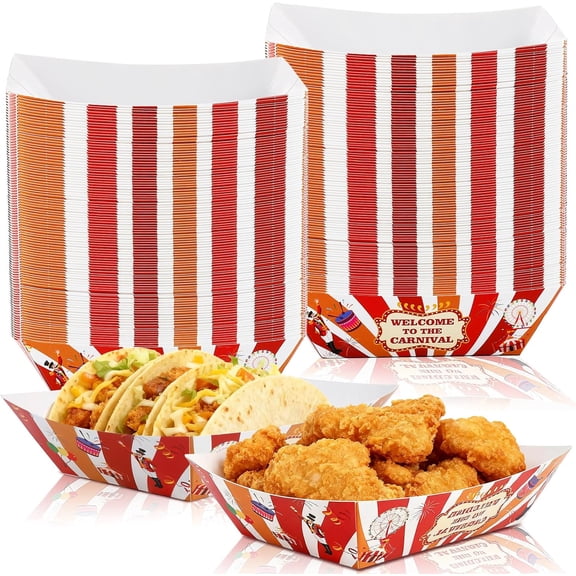 100 Pack Carnival Paper Food Trays, 2lb Circus Snack Boats, Disposable Serving Trays, Hot Dog Boats, Carnival Theme Party Decorations for Birthday, Christmas, Party, Picnic
