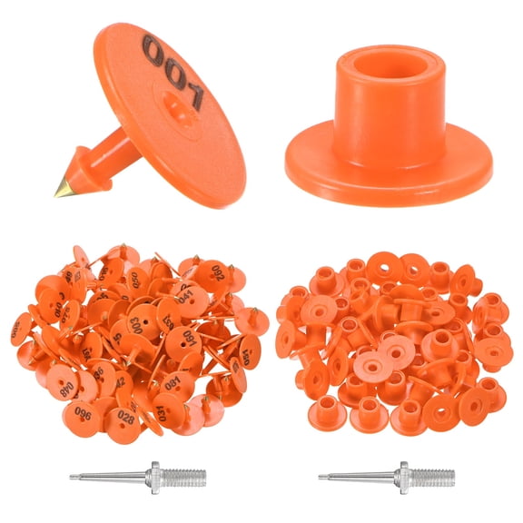 100-Pack Cattle Ear Tags 001-100 Number with 2 Ear Label Needles, Plastic Round Livestock Ear Tags for Cows/Sheep/Cattle/Pig [Orange]