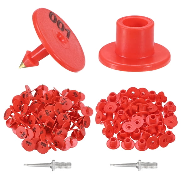 100-Pack Cattle Ear Tags 001-100 Number with 2 Ear Label Needles, Plastic Round Livestock Ear Tags for Cows/Sheep/Cattle/Pig [Red]