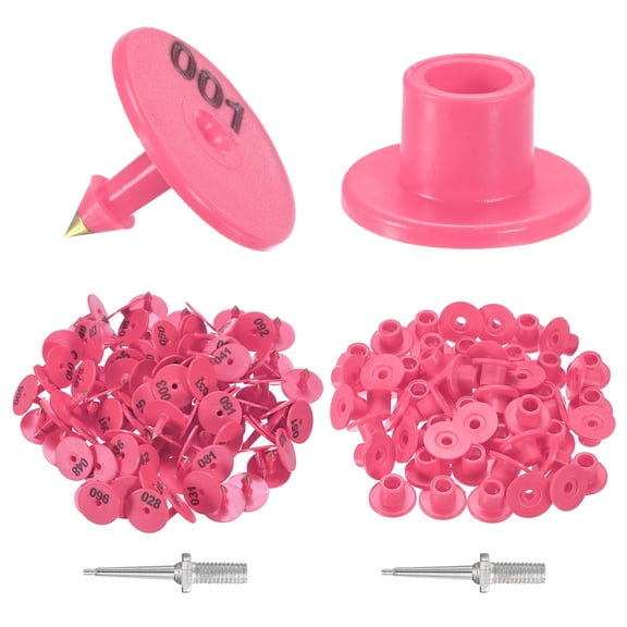 100-Pack Cattle Ear Tags 001-100 Number with 2 Ear Label Needles, Plastic Round Livestock Ear Tags for Cows/Sheep/Cattle/Pig [Rose Red]