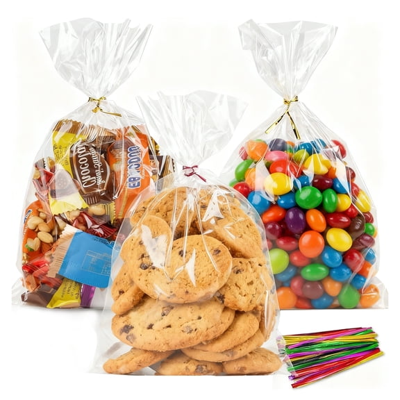 100 Pack Cellophane Bags 6x10 Inches, Clear Plastic Treat Bags with Twist Ties for Cookies, Candy, Popcorn, Party Favors and Bakery Packaging