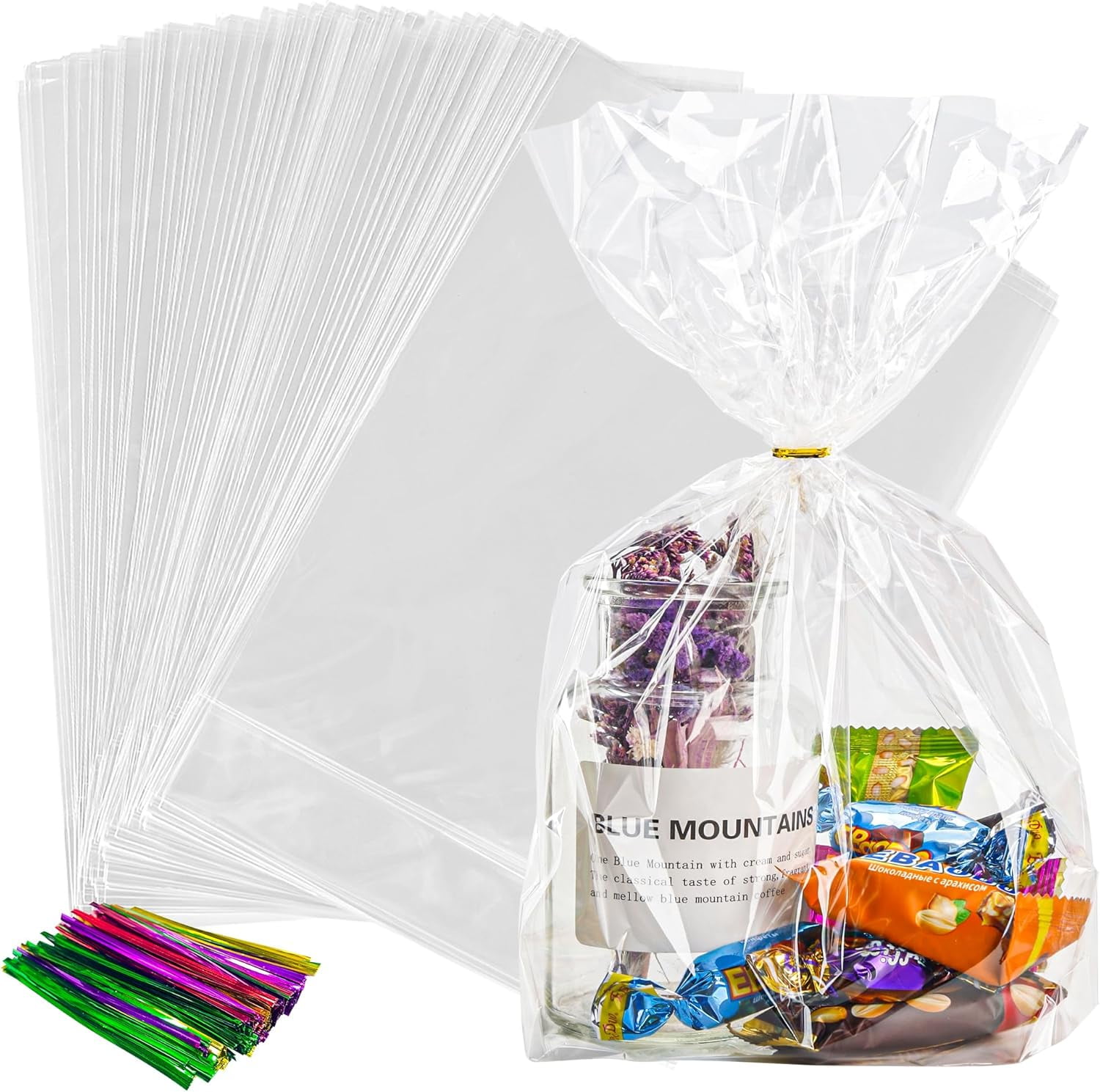 100 Pack Cellophane Bags,Clear Flat bottom Cellophane Treat Bags with
