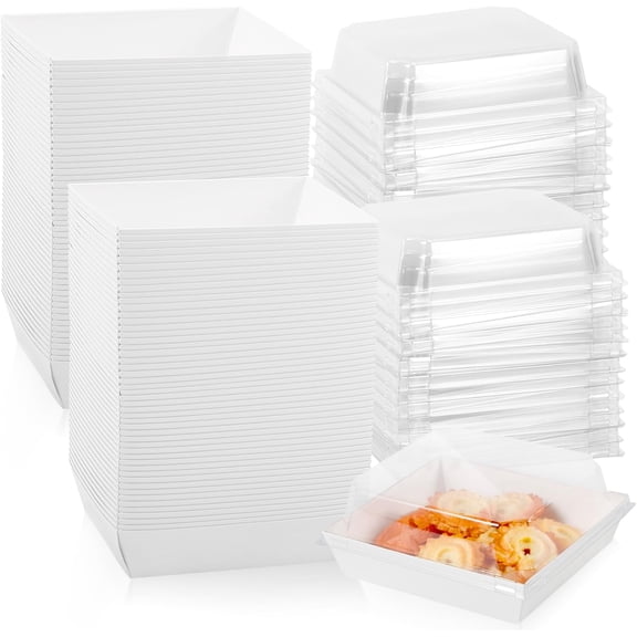 100 Pack Charcuterie Boxes with Clear Lids,Disposable To Go Paper Food Containers,Square Disposable Charcuterie Boxes for Sandwich Cake Slice Cookies Strawberries,White