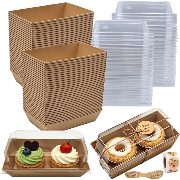 100 Pack Charcuterie Boxes with Clear Lids, Small To Go Food Containers, Disposable Kraft Bakery Treat for 2 Cupcakes, Cake Slice Sushi Strawberry Stickers