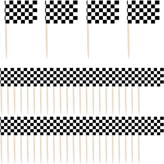 100-Pack Checkered Racing Flag Toothpicks 1.38" x 0.98" Mini Flags on 2.56" Wood Sticks Cupcake Toppers, Party Platter Decor Race Car, Sports Themed Events Black & White