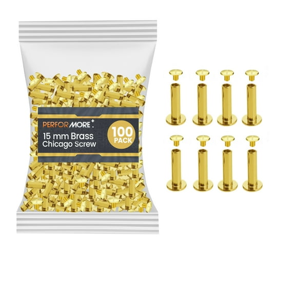 100 Pack of Chicago Screw Post Binding Screws, 15mm Brass Plated Metal Screw Posts for Scrapbooking, Photo Albums, Binding Leather Repair Brand: Performore