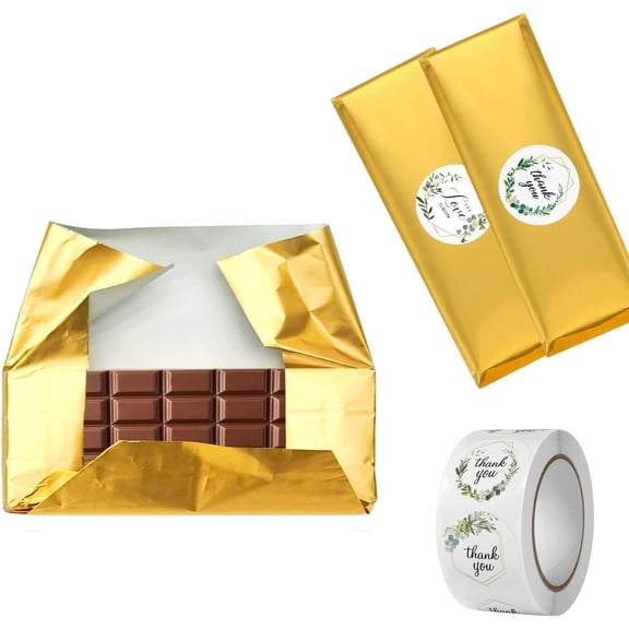 100 Pack Chocolate Bar Wrappers with Thick Paper Backing,Come with 100 Stickers,6" X 7.5", Gold Foil Candy Wrappers, Homemade Individual Wrapping Sheets,Durable,Wrinkle-Free (Gold-with Stickers)