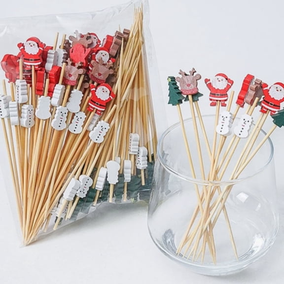 100 Pack Christmas Decorative Cocktail Picks Disposable Fruit Toothpicks, Santa Snowman Tree Reindeer Food Picks for Sandwich Hamburger Sushi Party