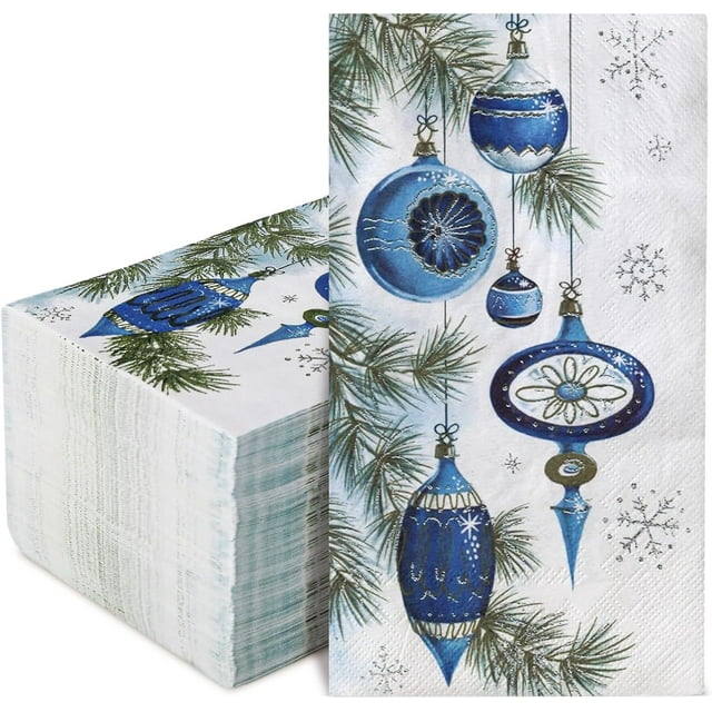 100 Pack Christmas Guest Napkins Disposable Vintage Blue Xmas Ball Pine Branch Paper Napkins