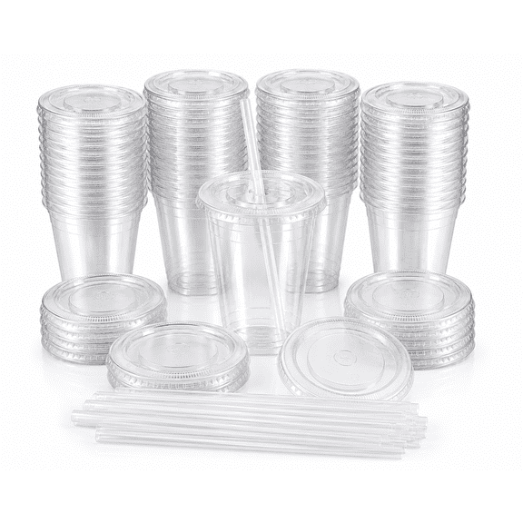 100 Pack Clear Plastic Cold Cups with Flat Lids and Individually Wrapped White Straws - 12 OZ
