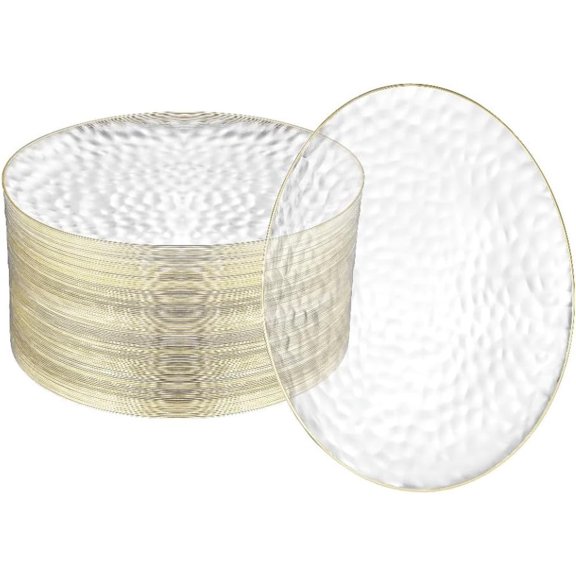 100 Pack Clear Plastic Plates For Wedding - 9 Inch Hammered Gold Rimmed Sturdy, Durable And Extra Heavy duty Gold Plastic Plates For Party - Bulk Disposable Plates For Weddings