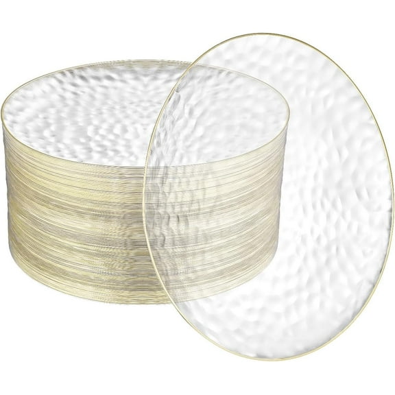 100 Pack Clear Plastic Plates with Gold Rim, 10 Inch, Heavy Duty Disposable Plates