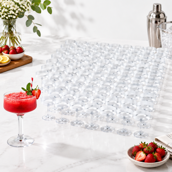 100-Pack Clear Plastic Ribbed Coupe Martini Glasses, 10oz Disposable Glassware for Parties