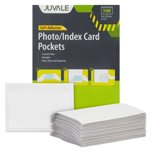 Juvale 100-Pack Clear Index Card Pockets - 3.6 x 5.25 in Plastic Sleeves - Adhesive Label Pockets for Storage Bin & Shelf Labels