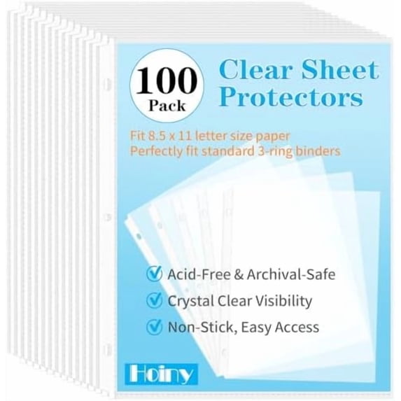 100 Pack Clear Sheet Protectors 8.5 x 11 Inch, Letter Size Page Protectors for 3 Ring Binder, Premium Polypropylene, Reinforced Holes, Acid Free, Top Loading for Documents, Paper, Photos