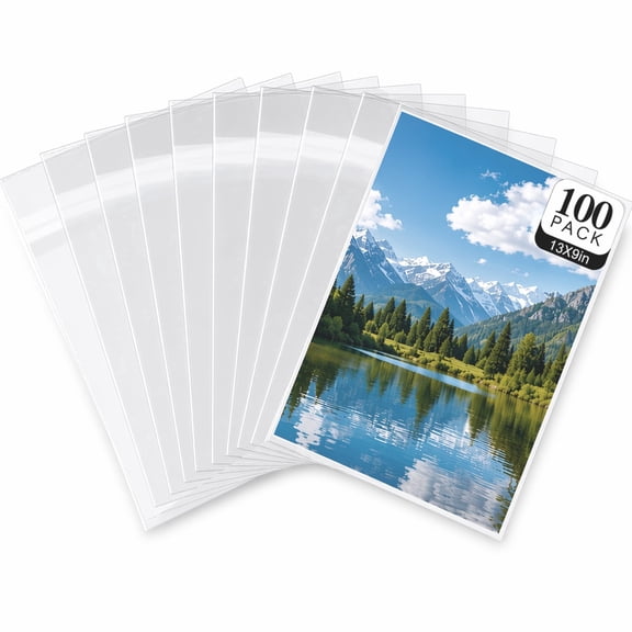 100 Pack, Clear Sleeves, Heavy Duty, Archival Quality, 13x9 Inch Storage Bags for Photos, Art Prints, Mats