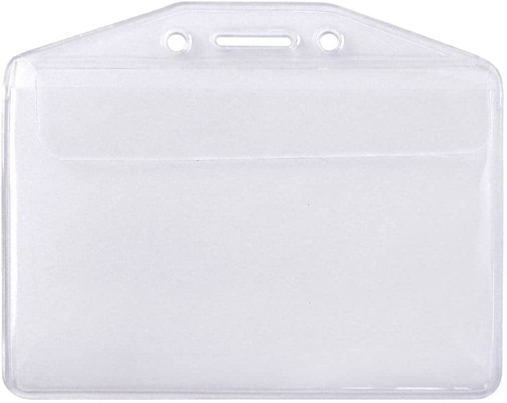 100 Pack - Clear Soft Vinyl Horizontal Badge Holder with Fold Over Flap - Heavy Duty Name Tag Protector for I'd Card by Specialist ID