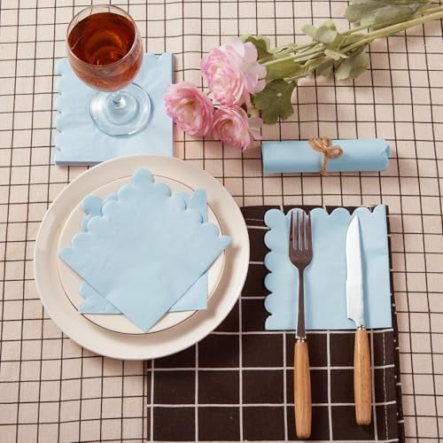 100 Pack Cocktail Napkin 2-Ply Scalloped Edged Dessert Napkins Folded 5 x 5 Inches Disposable Napkins for Dinner Wedding Birthday Party Bridal Anniversary Reception Event (Light Blue)