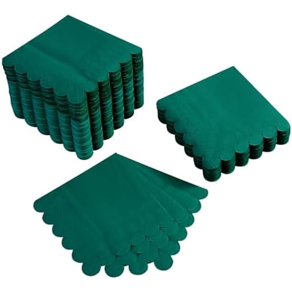 100 Pack Cocktail Napkin 2-Ply Scalloped Edged Dessert Napkins Folded 5 x 5 Inches Disposable Napkins for Dinner Wedding Birthday Party Bridal Anniversary Reception Event (Dark Green)