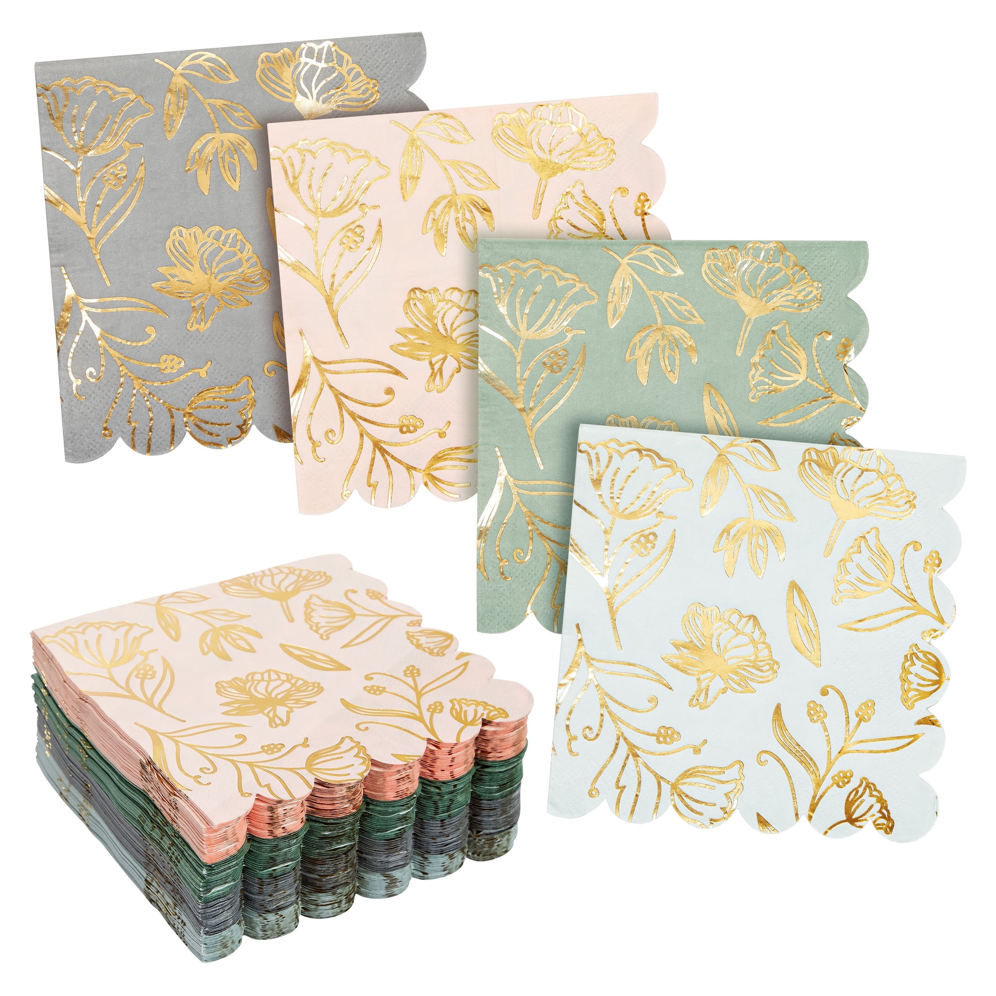 100 Pack Gold Foil Cocktail Napkins with Scalloped Edge - 4 Designs, 5x5 inch Mixed Green Party Napkin for Girl Baby Shower, Wedding, Birthday Party, Celebrations