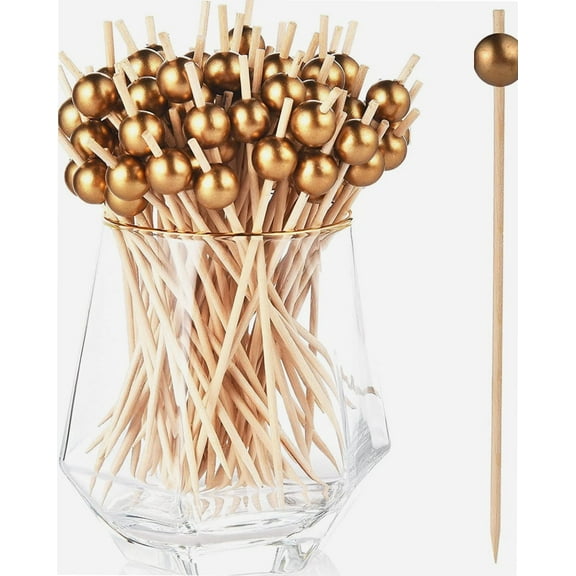 100-Pack Cocktail Picks, Gold Pearl Fancy Toothpicks for Appetizers, Wooden Food Picks Skewers for Food, Drinks, Fruits Party, Charcuterie Accessories - 4.72 inch